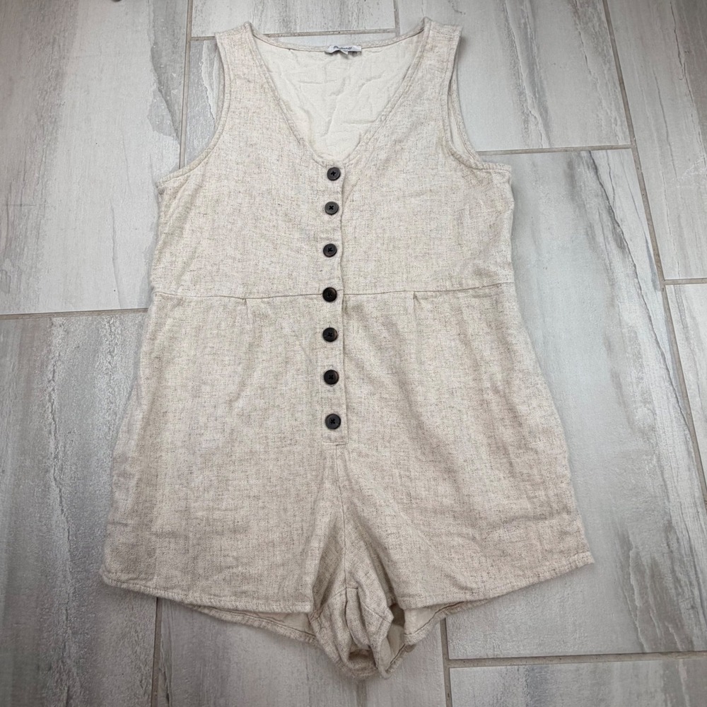 Madewell NF908 Oatmeal Linen Blend Button Front Sleeveless Romper Womens 10